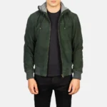 Nintenzo Green Hooded Suede Men Bomber Jacket