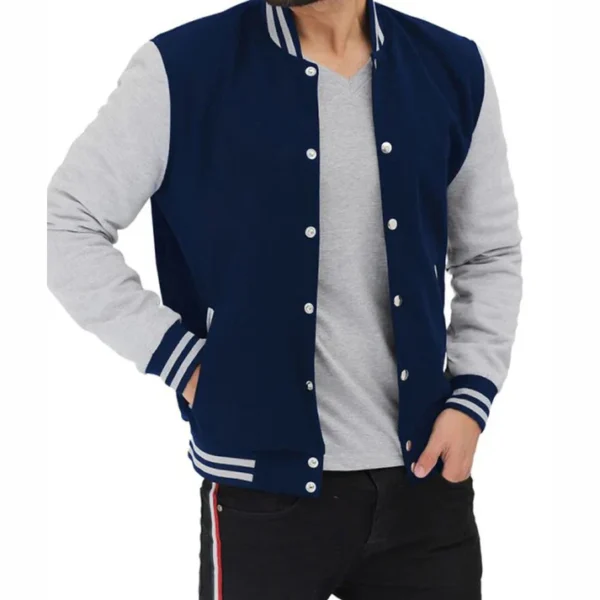 Grey And Blue Baseball Style Varsity Jacket