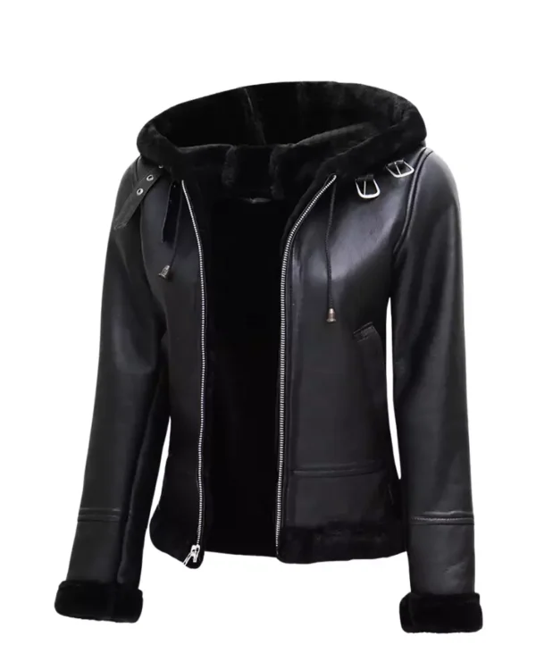 Womens Black Shearling Leather Jacket With Hood