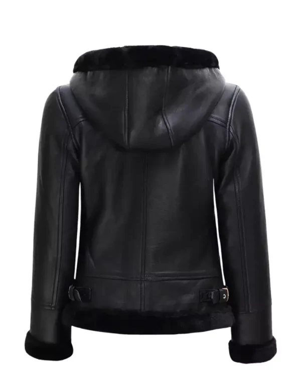Womens Black Shearling Leather Jacket With Hood