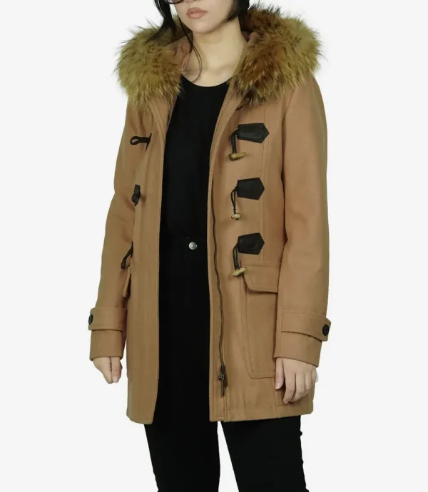 Women's Camel Brown Hooded Shearling Wool Duffle Coat