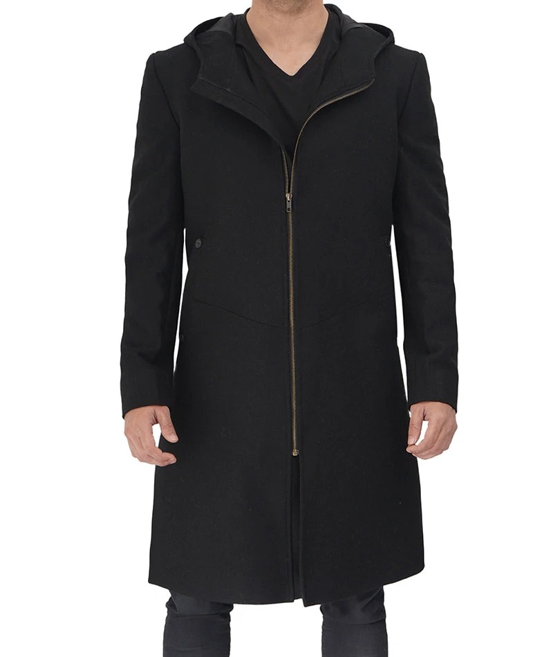 Long Black Wool Coat for Men