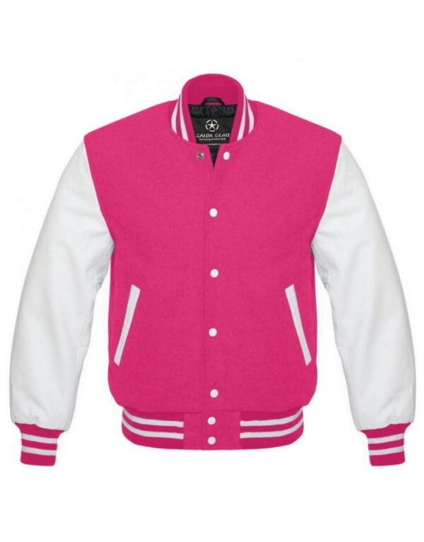 Men Hot Pink And White Varsity Jacket
