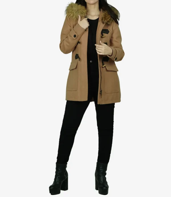 Women's Camel Brown Hooded Shearling Wool Duffle Coat