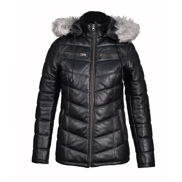 Winter Fur Trimmed Hoodie Puffer Leather Jacket
