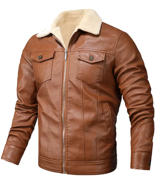 Grayson Mens Brown Leather Shearling Trucker Jacket