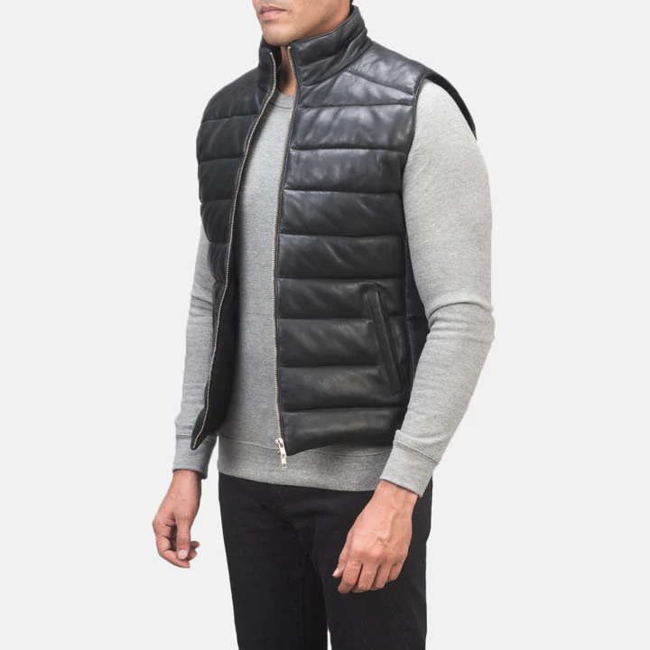 Black Leather Puffer Vest