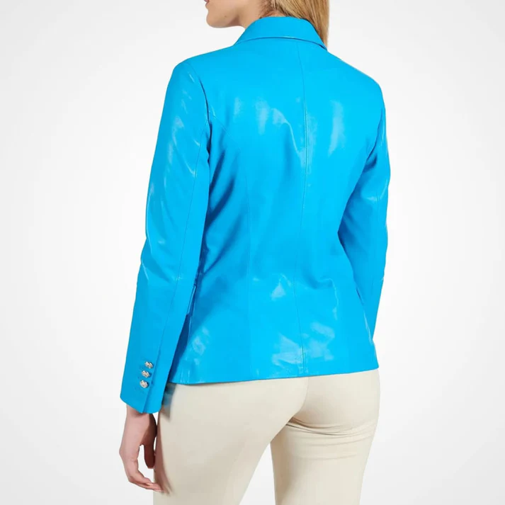 Womens Blue Double Breasted Leather Coat