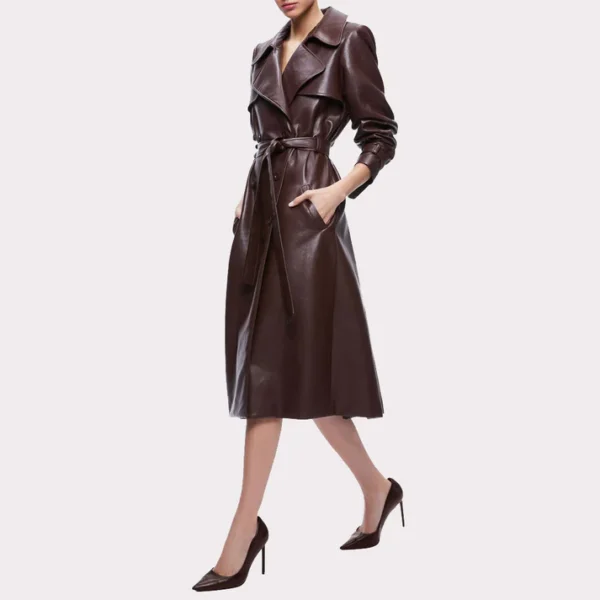 Womens Chocolate Brown Leather Trench Coat