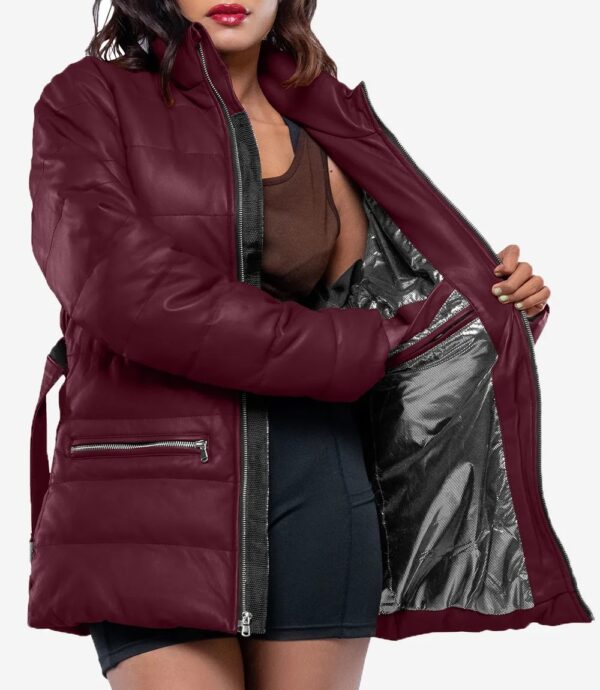 Maroon vegan leather puffer jacket
