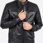 Men Beckham Black Tailored Fit Cafe Racer Leather Jacket