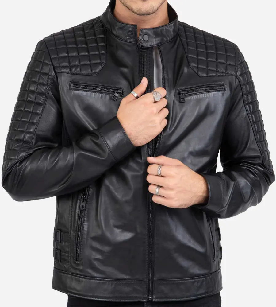 Men Beckham Black Tailored Fit Cafe Racer Leather Jacket