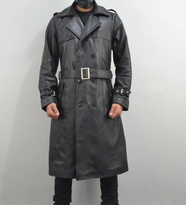 Mens Belted Single Breasted Black Leather Trench Coat