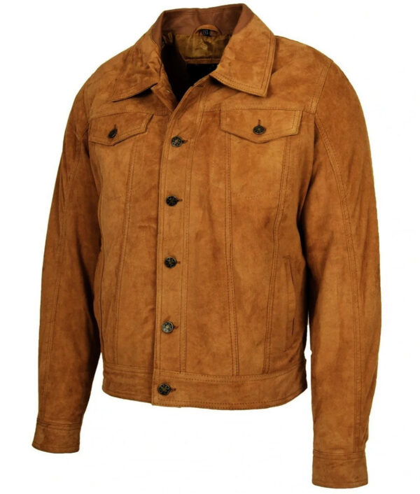 Mens Brown Long Sleeve Suede Trucker Jacket