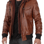 Mens Brown Tall Bomber Leather Jacket With Removable Hood