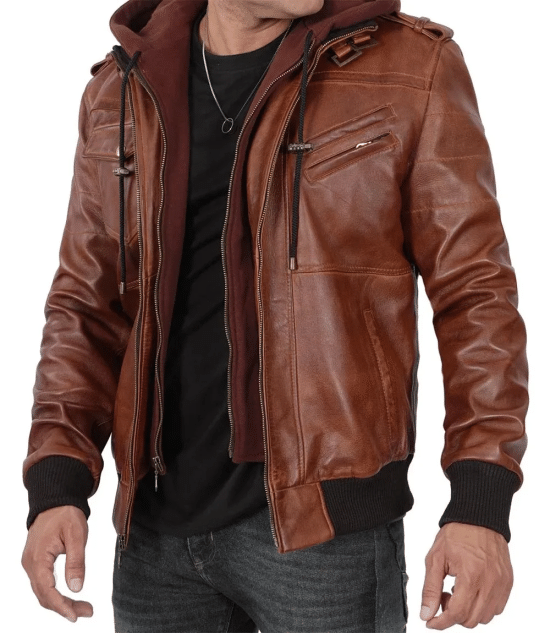 Mens Brown Tall Bomber Leather Jacket With Removable Hood