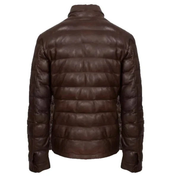 Men's Dark Brown Leather Puffer Jacket