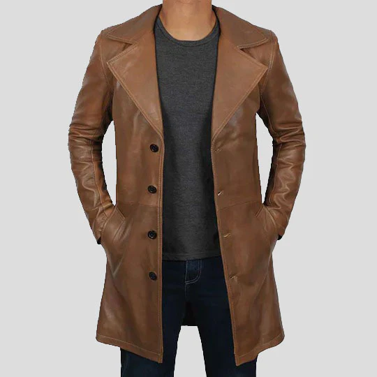 Mens Distressed Brown Leather Trench Coat