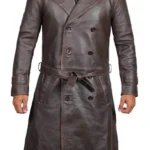 Mens Distressed Brown Winter Long Leather Trench Coat