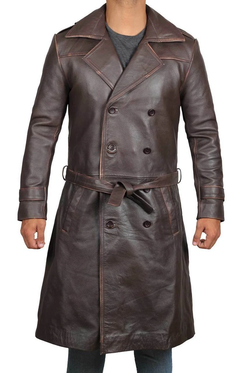 Mens Distressed Brown Winter Long Leather Trench Coat