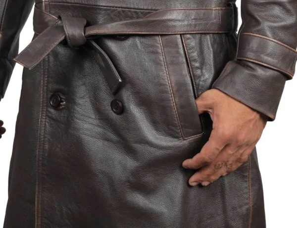 Mens Distressed Brown Winter Long Leather Trench Coat