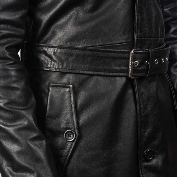 Mens Sleek Black Leather Trench Coat