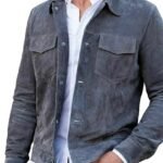 Mens Grey Suede Leather Trucker Jacket