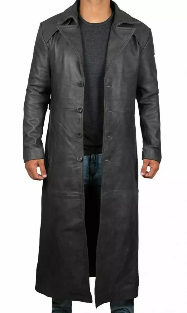 Mens Leather Black Winter Trench Coat