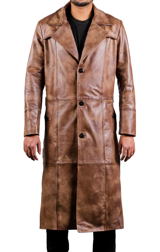 Mens Leather Brown Wax Duster Coat