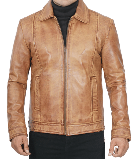 Mens Casual Harrington Light Brown Leather Jacket