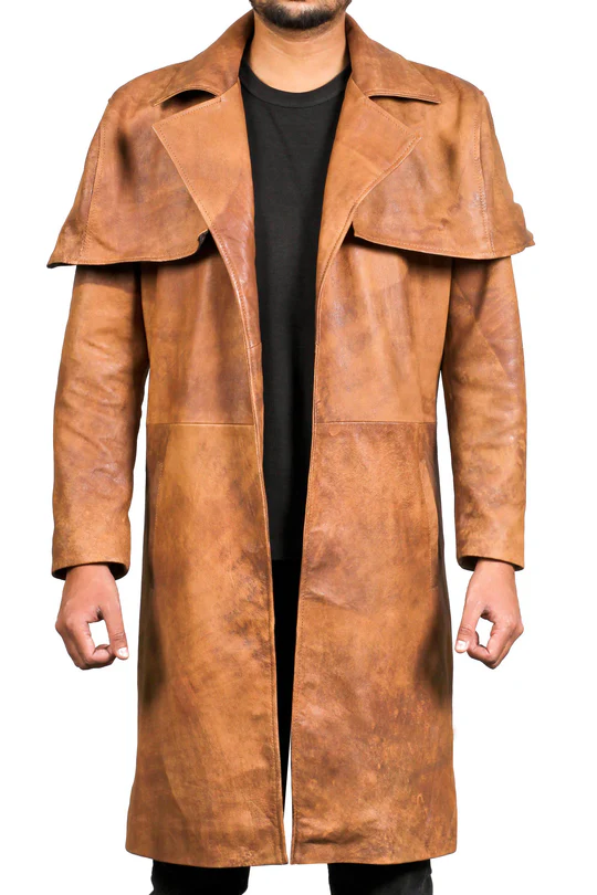 Mens Light Snuff Brown Leather Duster Coat