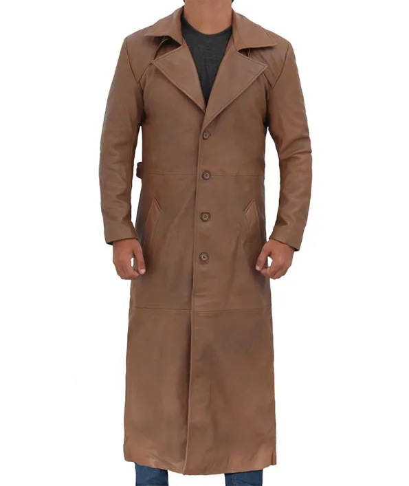 Mens Long Brown Leather Trench Coat