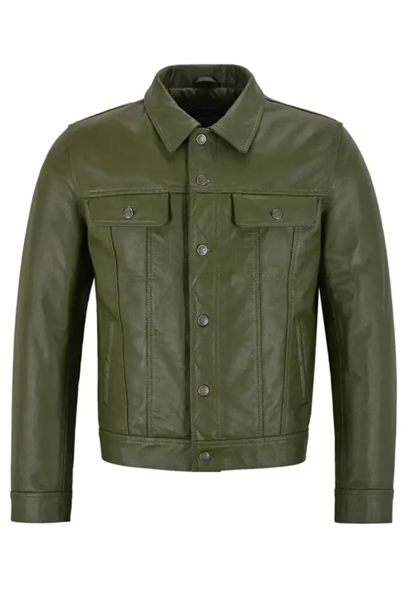 Mens Olive Green Leather Trucker Jacket