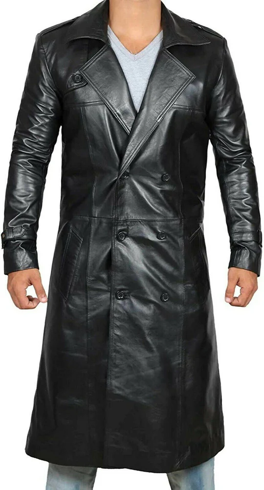 Mens Vintage Black Leather Duster Coat