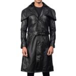 Mens Sleek Black Leather Trench Coat
