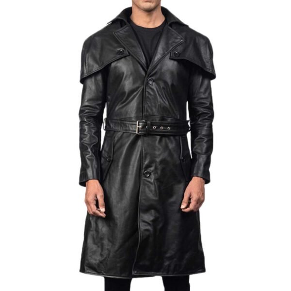 Mens Sleek Black Leather Trench Coat