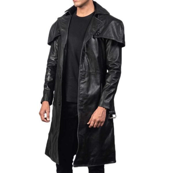 Mens Sleek Black Leather Trench Coat