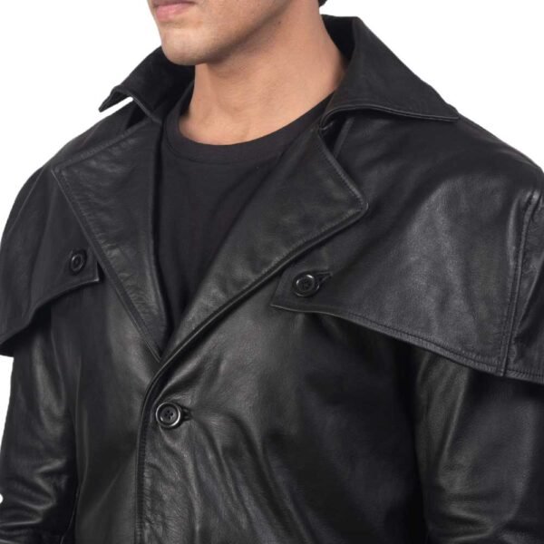 Mens Sleek Black Leather Trench Coat