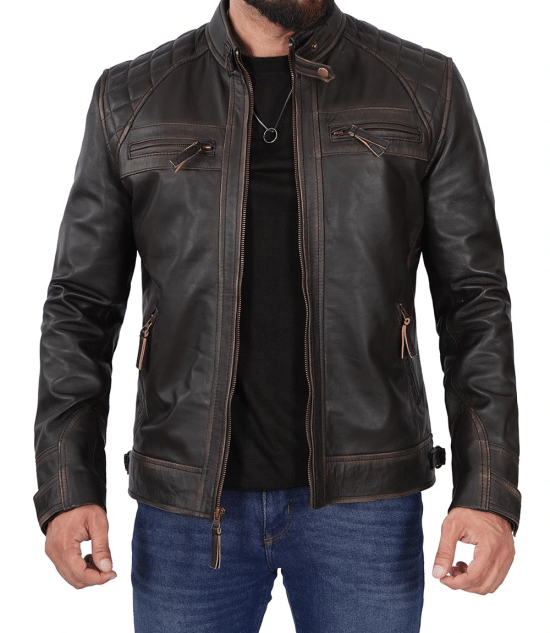 Mens Tall Cafe Racer Distressed Brown Leather Jacket