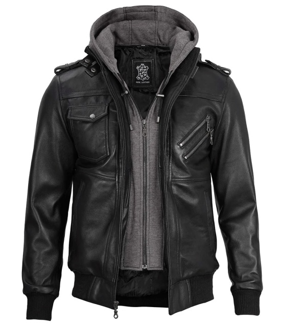 Mens Tall Black Bomber Leather Jacket with Removable Hood