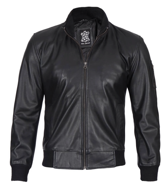 Mens Black Tall Real Cowhide Leather Bomber Jacket