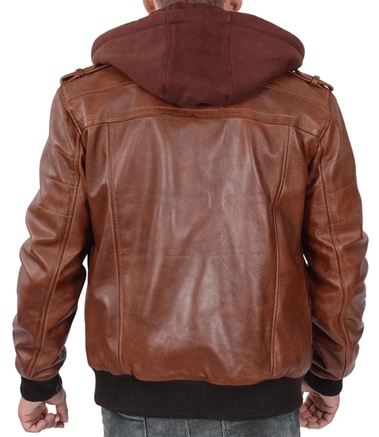 Mens Brown Tall Bomber Leather Jacket With Removable Hood