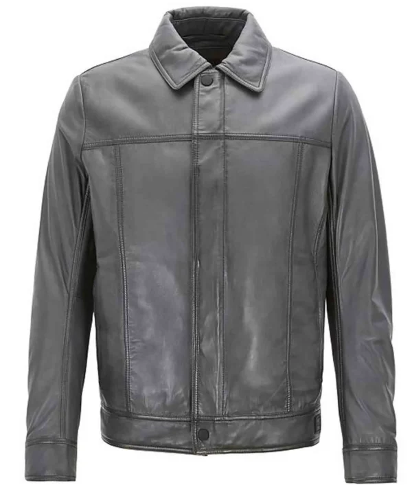 Mens Trucker Slim Fit Grey Leather Jacket
