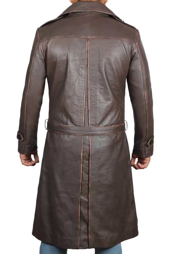 Mens Distressed Brown Winter Long Leather Trench Coat