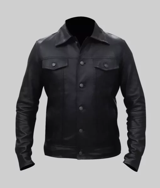 Blake Mens Black Retro Leather Trucker Jacket