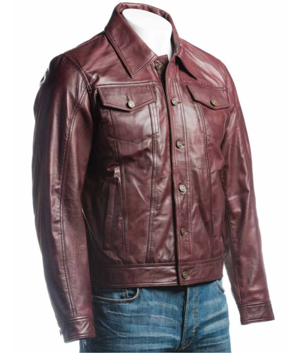 Mens Burgundy Leather Trucker Jacket
