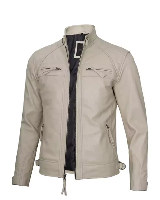 Beige Color Quilted Cafe Racer Leather Jacket