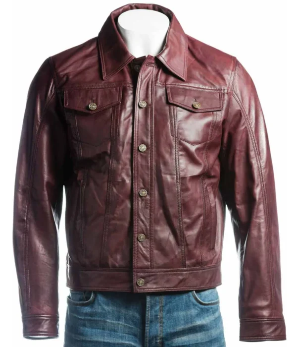 Mens Burgundy Leather Trucker Jacket
