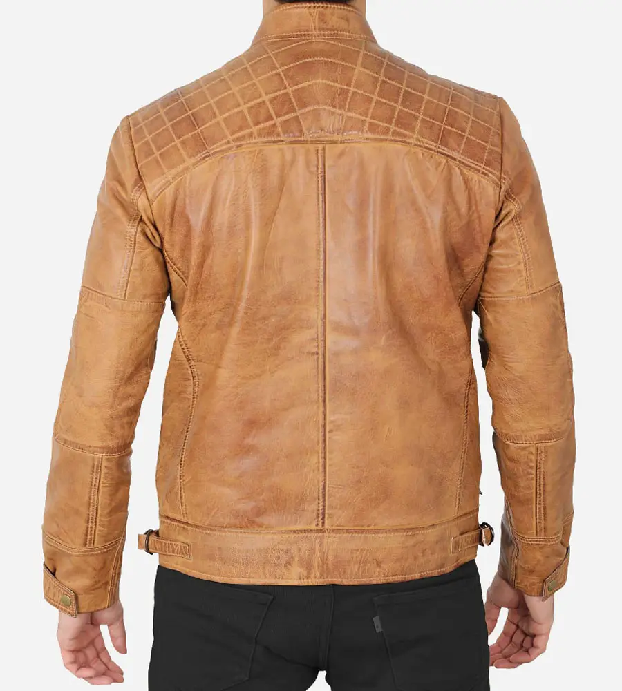 Mens Cafe Racer Camel Brown Quilted Leather Jacket