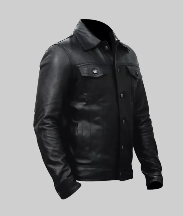 Blake Mens Black Retro Leather Trucker Jacket